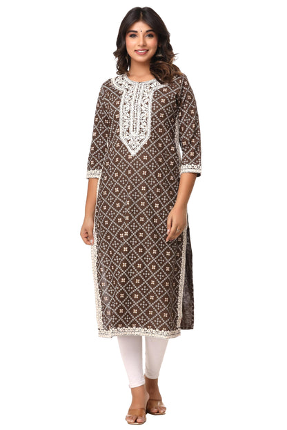 Women's Rayon-Slub Printed Kurti with Embroidery - Brown