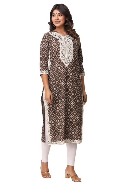 Women's Rayon-Slub Printed Kurti with Embroidery - Brown