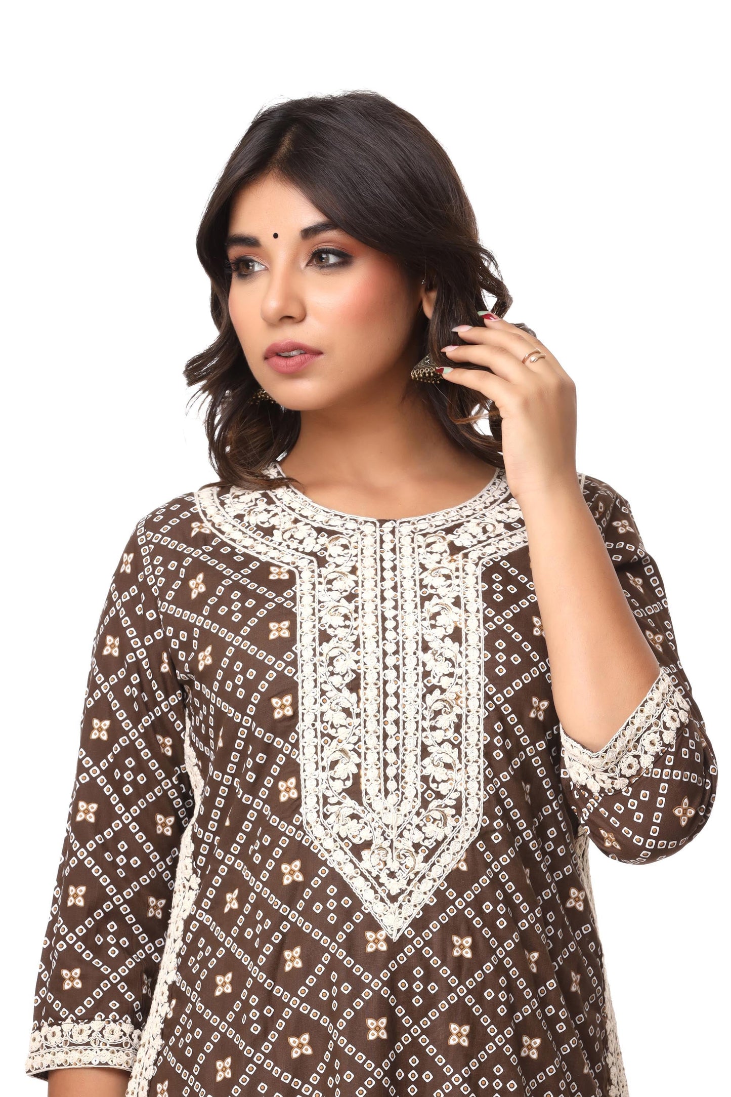 Women's Rayon-Slub Printed Kurti with Embroidery - Brown