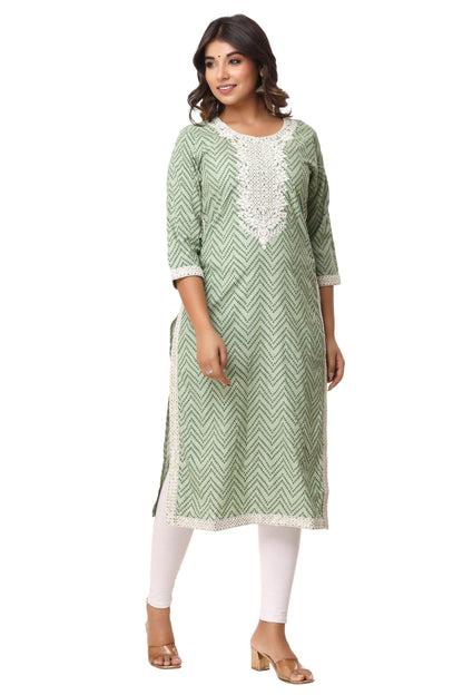 Women's Rayon-Slub Printed Kurti with Embroidery - Light Green