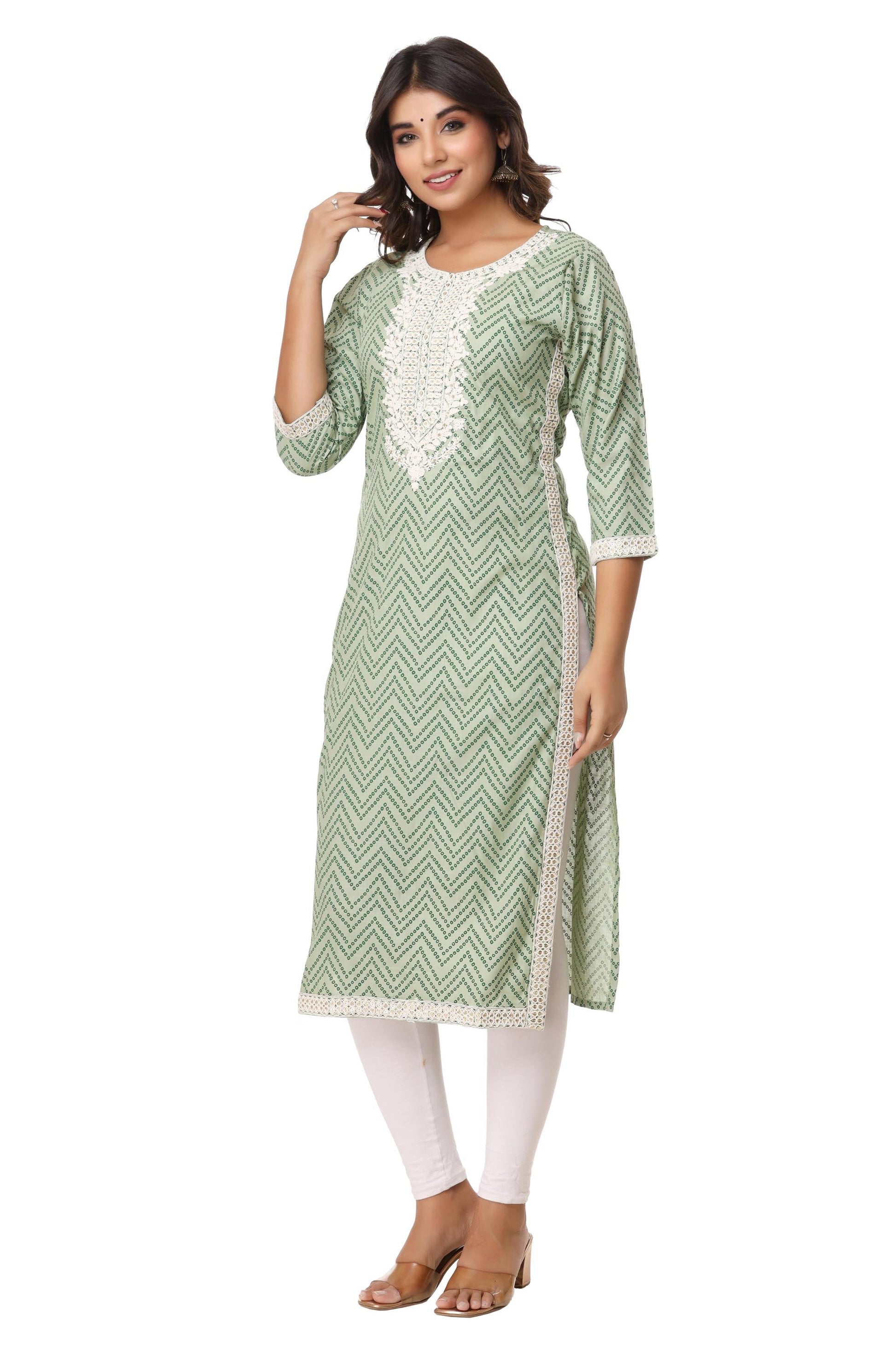 Women's Rayon-Slub Printed Kurti with Embroidery - Light Green