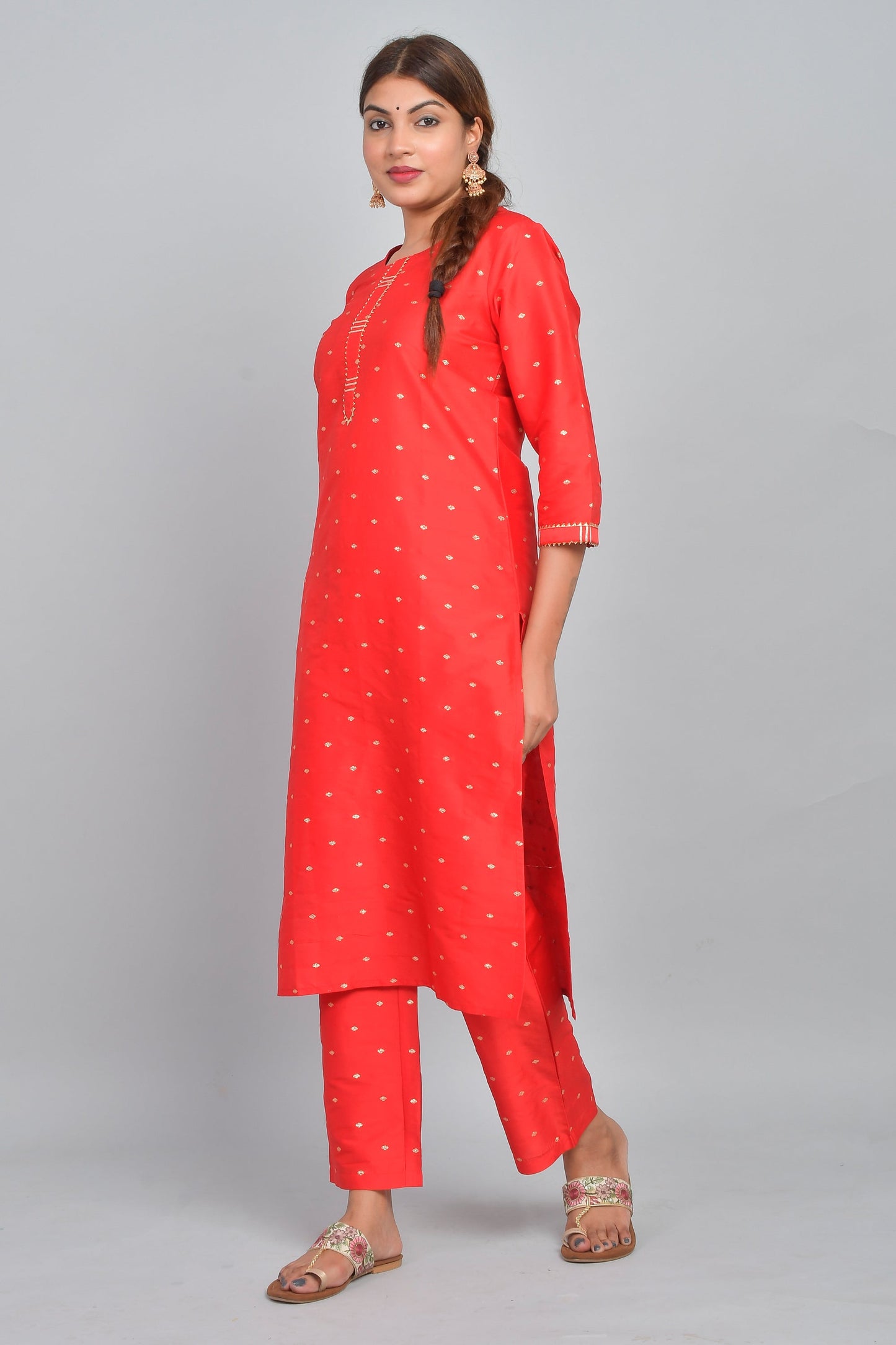 Women's Art Silk Polka Dot Straight Kurta Set - Bright Red