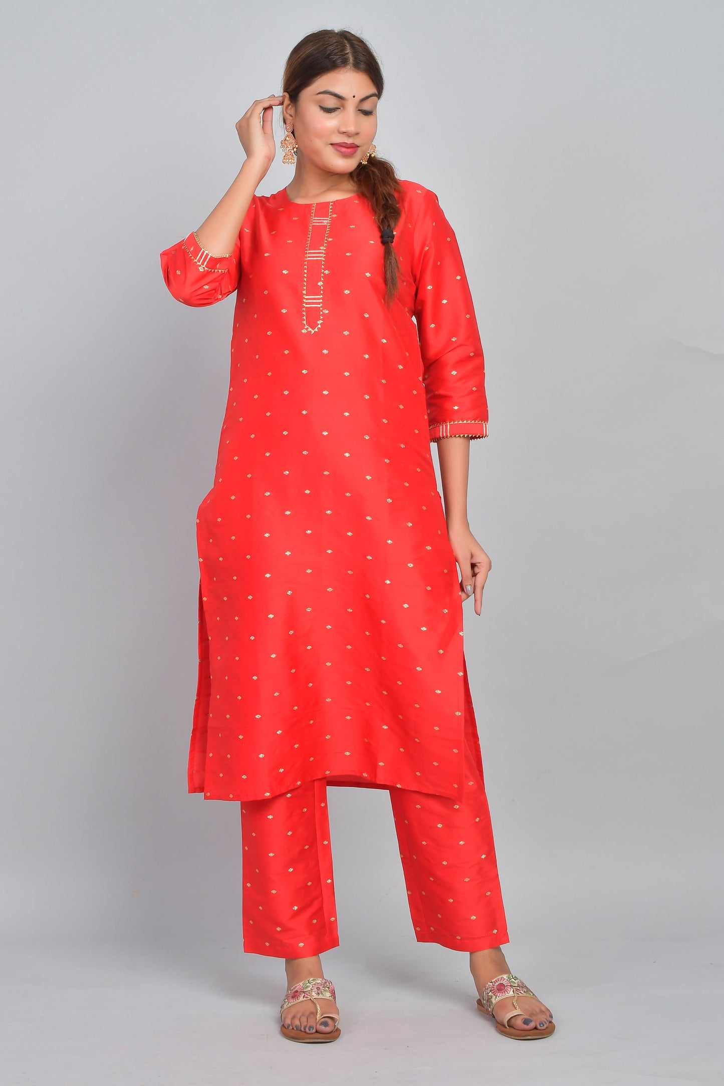 Women's Art Silk Polka Dot Straight Kurta Set - Bright Red