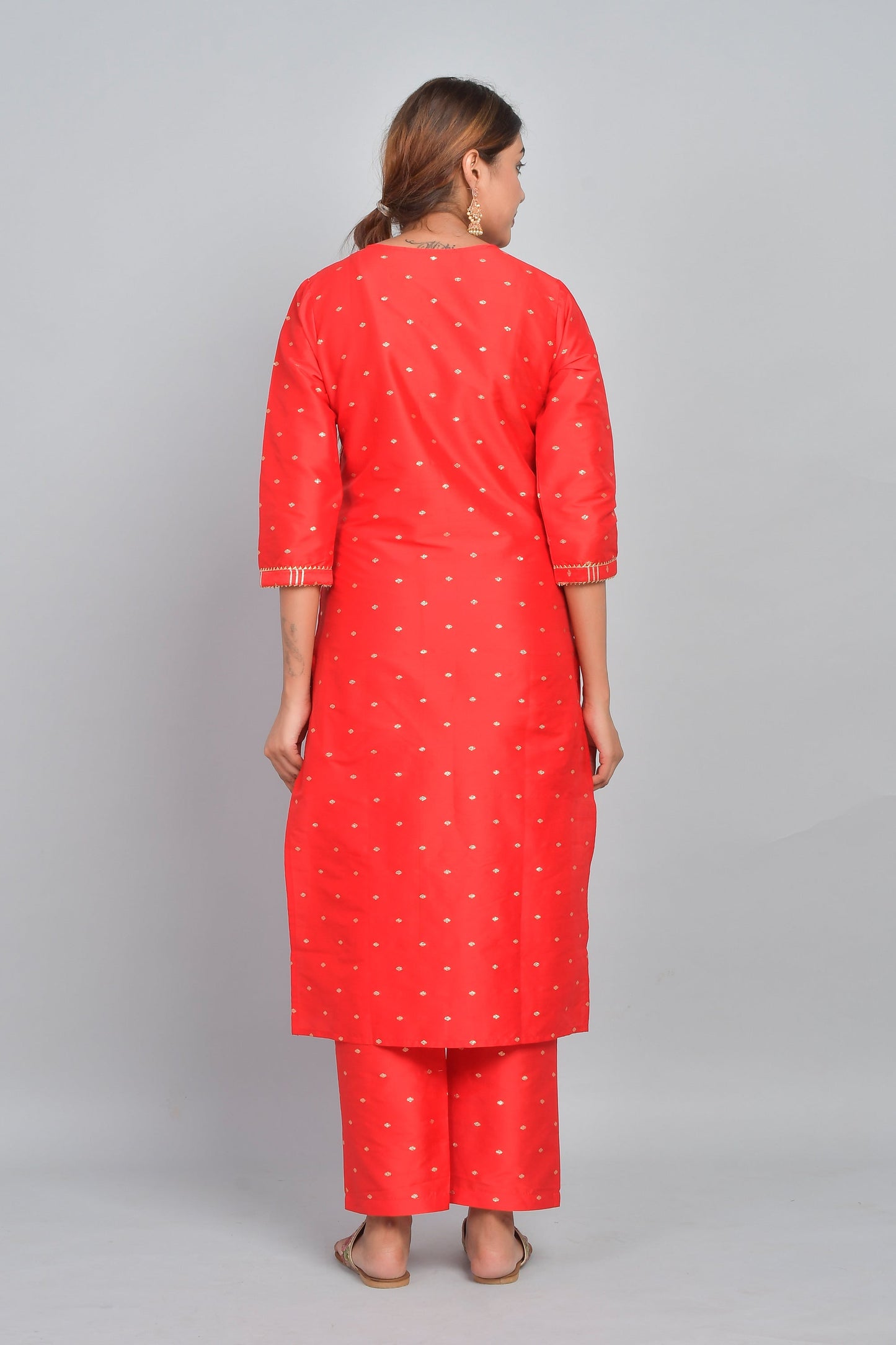 Women's Art Silk Polka Dot Straight Kurta Set - Bright Red