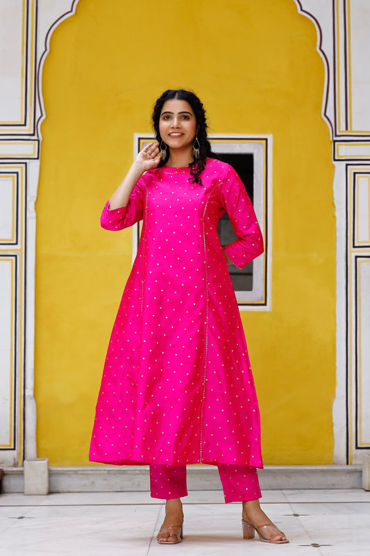 Women's Ethnic Wear Polka Dot Kurta Set - Fuschia Pink