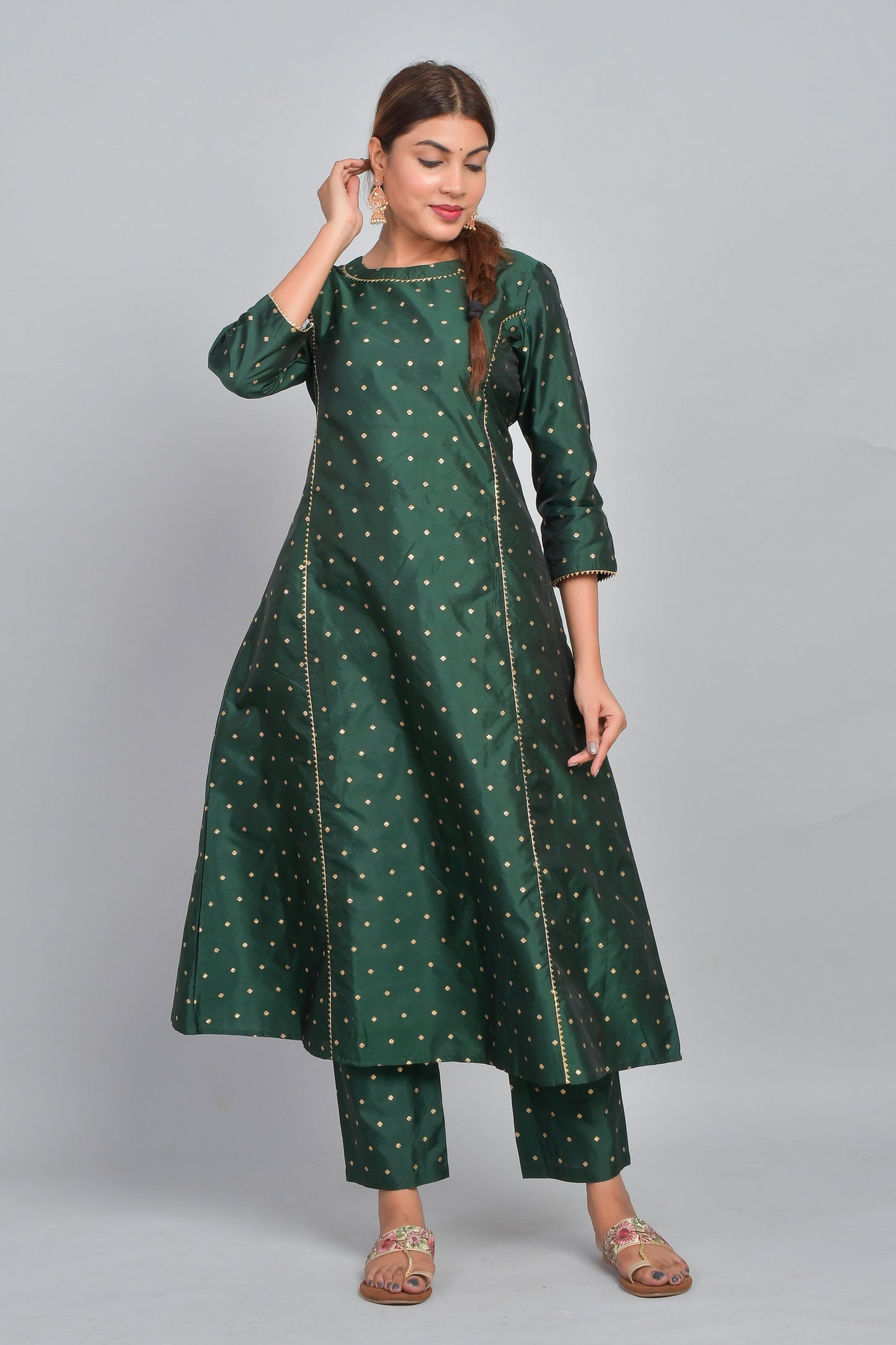 Women's Ethnic Wear Polka Dot Kurta Set - Green