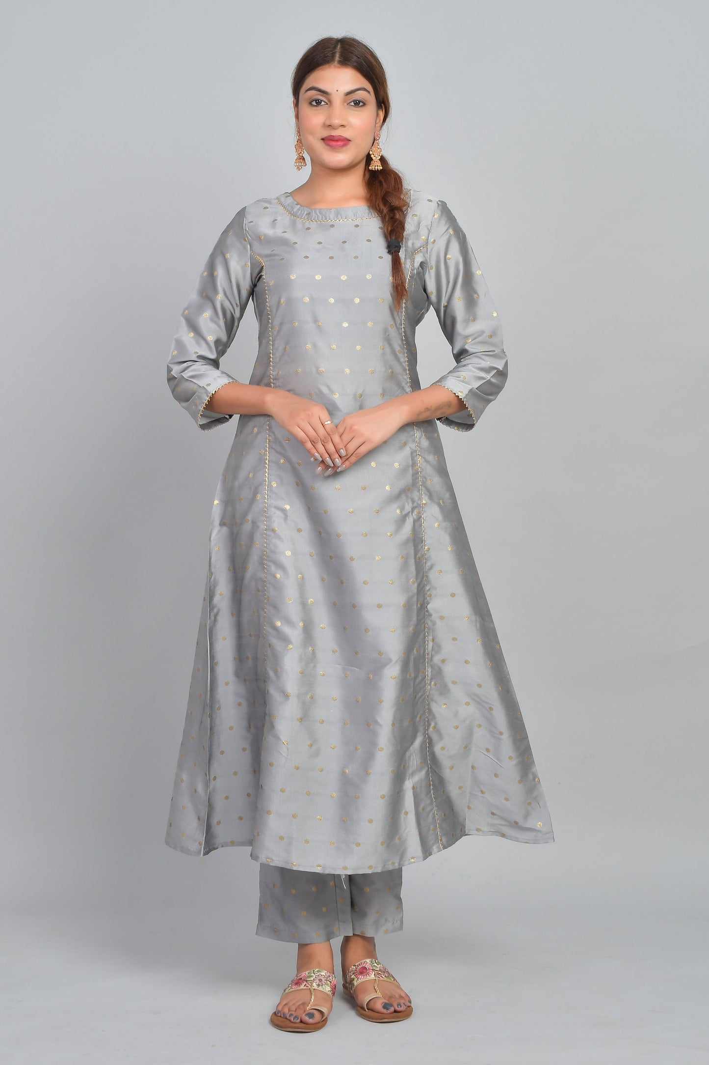 Women's Ethnic Wear Polka Dot Kurta Set - Silver Gray