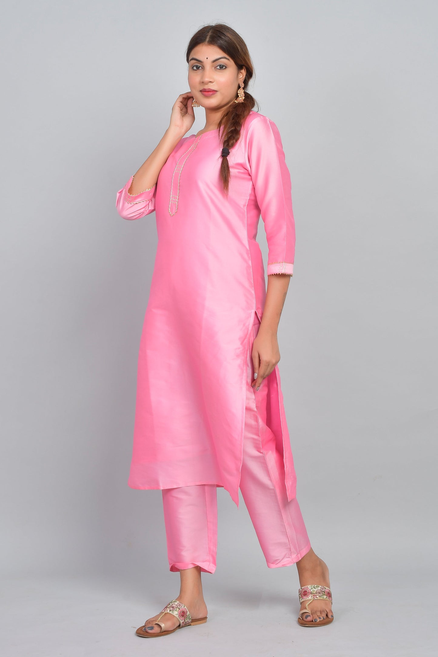 Women's Art Silk Straight Plain Kurta Set - Baby Pink