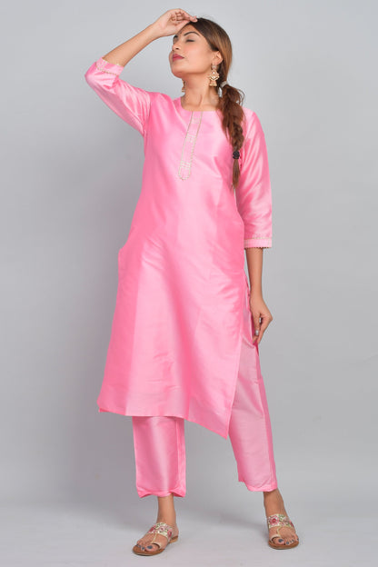 Women's Art Silk Straight Plain Kurta Set - Baby Pink
