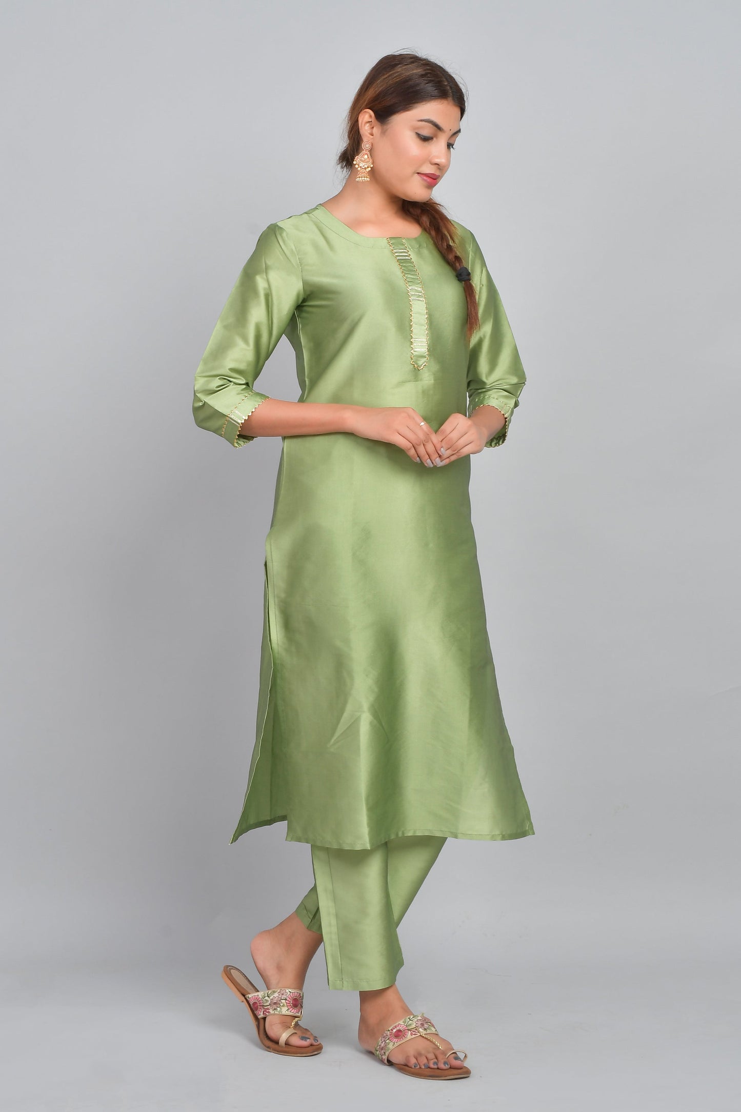 Women's Art Silk Straight Plain Kurta Set - Green