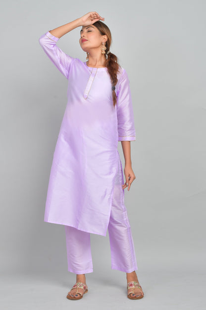 Women's Art Silk Straight Plain Kurta Set - Lavender