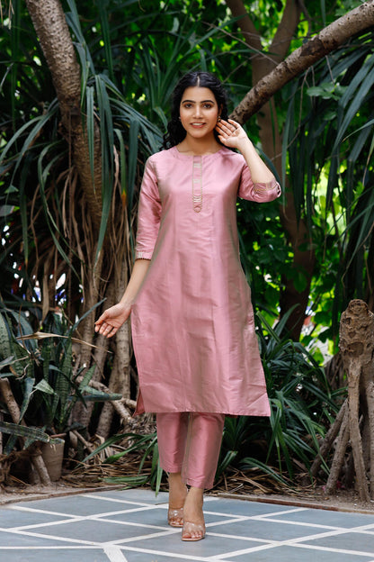 Women's Art Silk Straight Plain Kurta Set - Orchid Ice