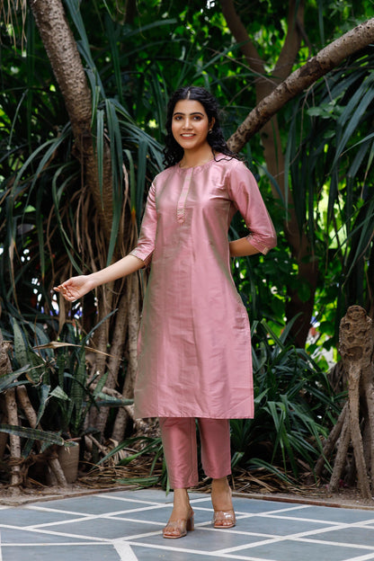 Women's Art Silk Straight Plain Kurta Set - Orchid Ice