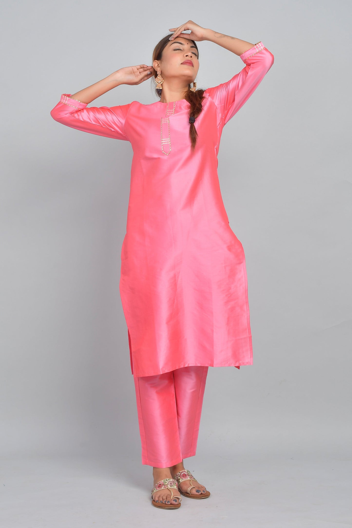 Women's Art Silk Straight Plain Kurta Set - Pink