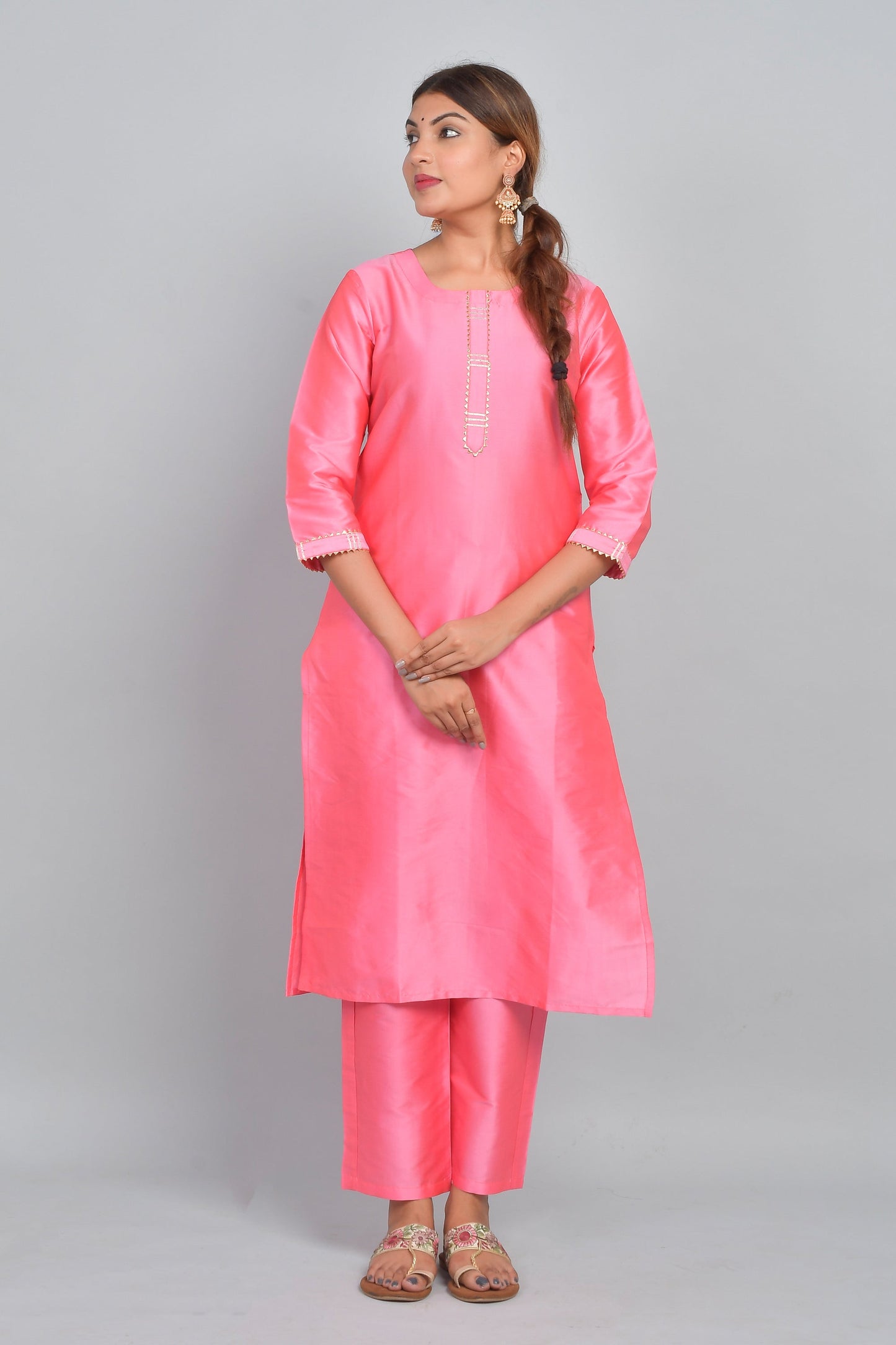 Women's Art Silk Straight Plain Kurta Set - Pink