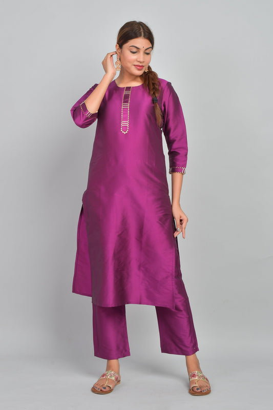 Women's Art Silk Straight Plain Kurta Set - Purple