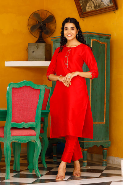 Women's Art Silk Straight Plain Kurta Set - Red