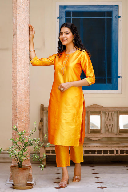 Women's Art Silk Straight Plain Kurta Set - Yellow