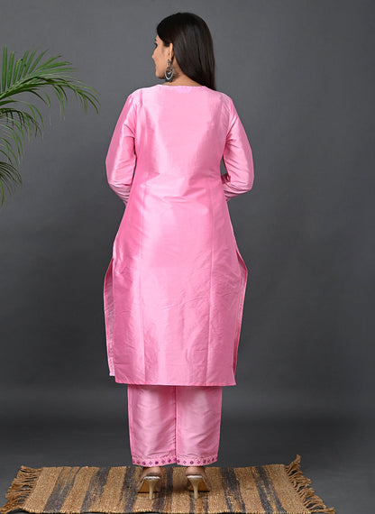 Women's Art Silk Kurta Pant Set with Chiffon Dupatta - Baby Pink