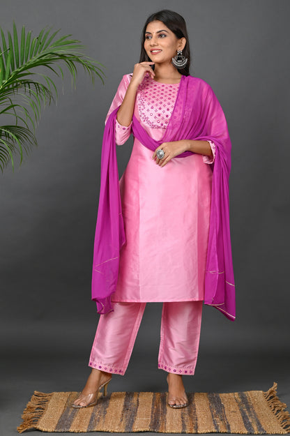 Women's Art Silk Kurta Pant Set with Chiffon Dupatta - Baby Pink
