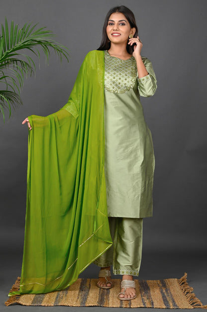 Women's Art Silk Kurta Pant Set with Chiffon Dupatta - Green
