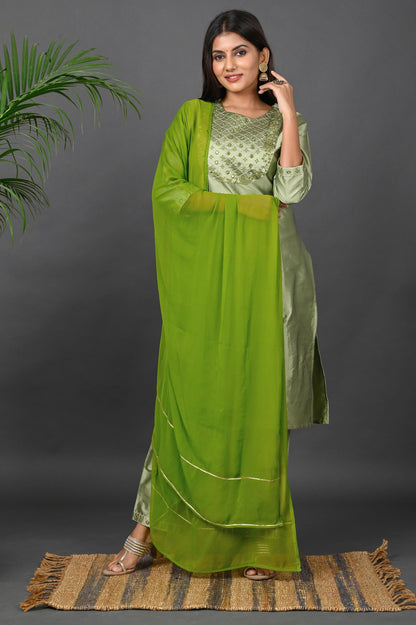 Women's Art Silk Kurta Pant Set with Chiffon Dupatta - Green