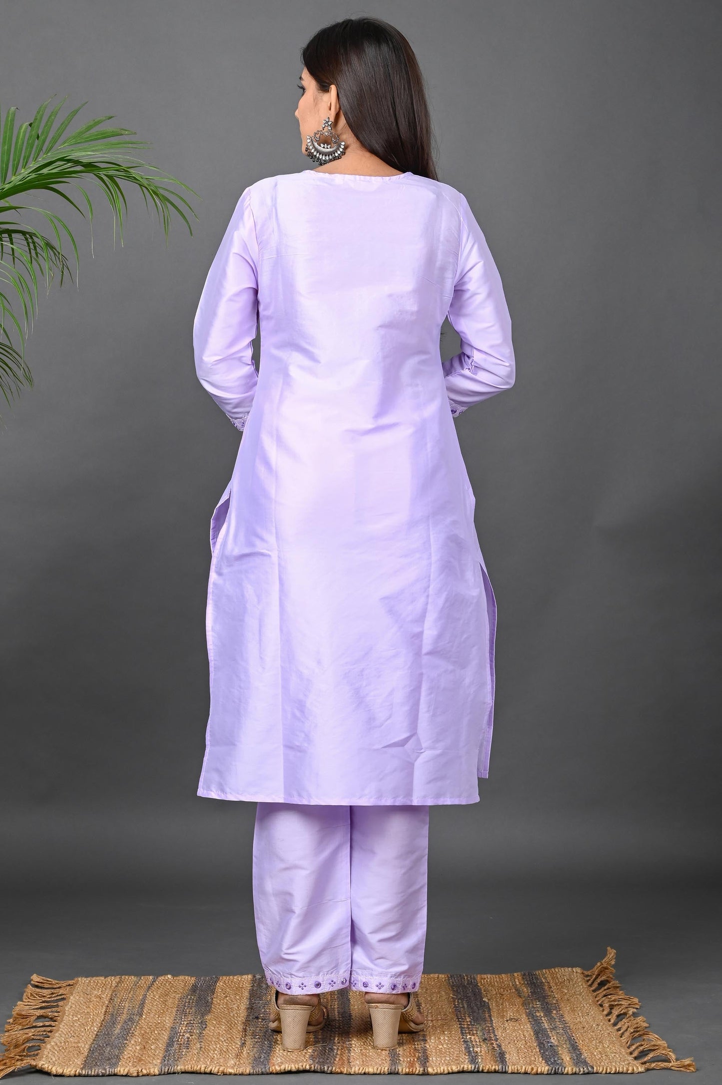 Women's Art Silk Kurta Pant Set with Chiffon Dupatta - Lavender