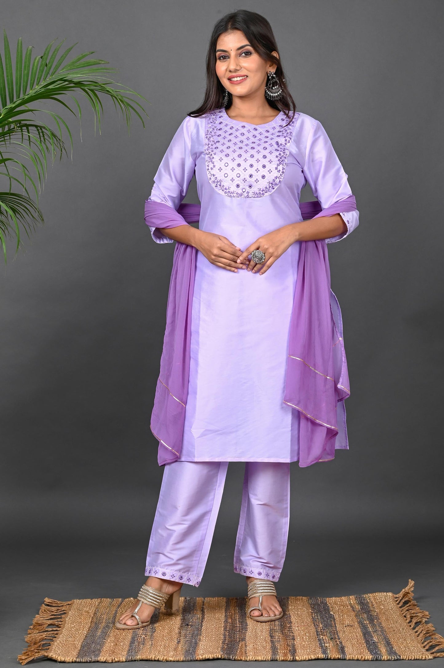 Women's Art Silk Kurta Pant Set with Chiffon Dupatta - Lavender