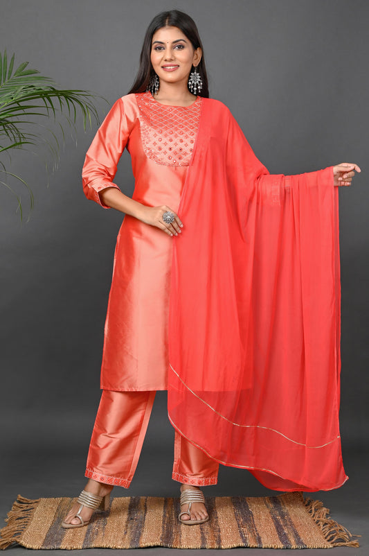 Women's Art Silk Kurta Pant Set with Chiffon Dupatta - Peach