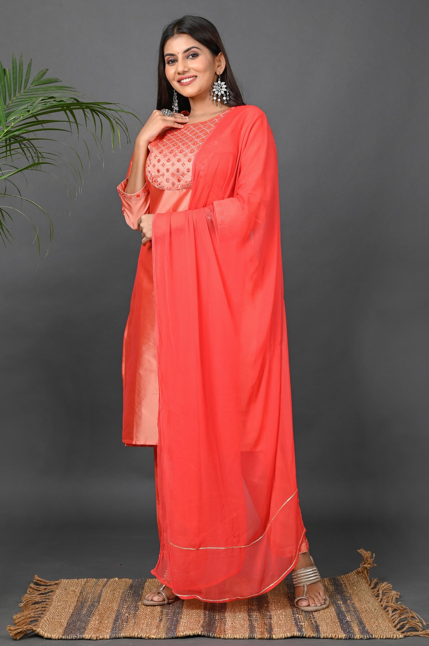 Women's Art Silk Kurta Pant Set with Chiffon Dupatta - Peach