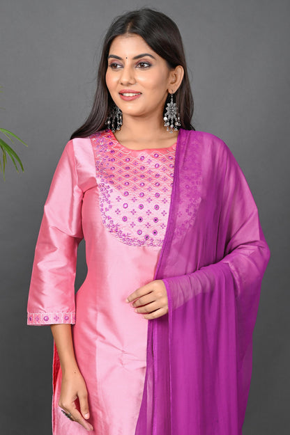 Women's Art Silk Kurta Pant Set with Chiffon Dupatta - Pink