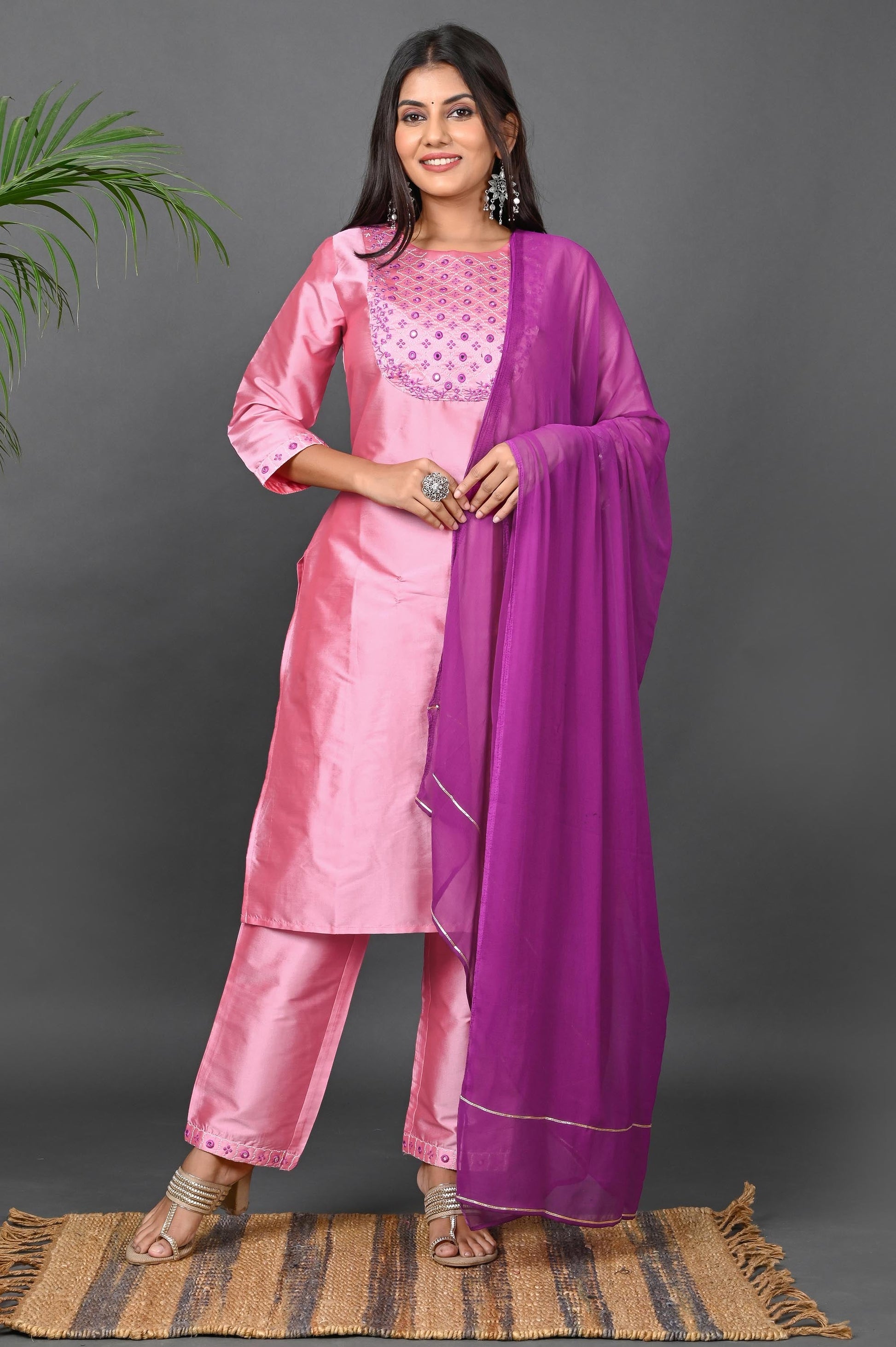 Women's Art Silk Kurta Pant Set with Chiffon Dupatta - Pink