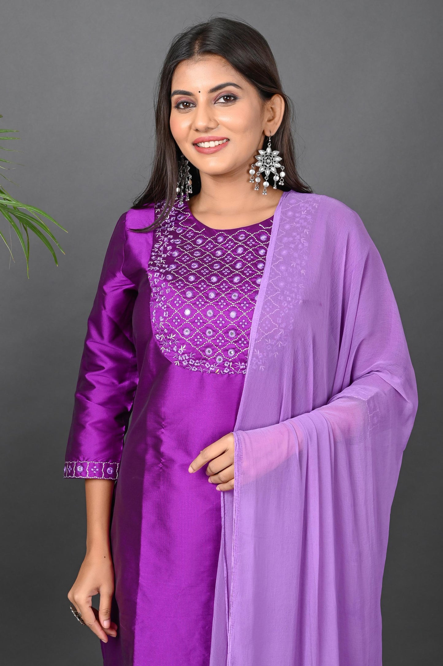 Women's Art Silk Kurta Pant Set with Chiffon Dupatta - Purple
