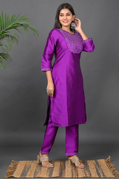 Women's Art Silk Kurta Pant Set with Chiffon Dupatta - Purple