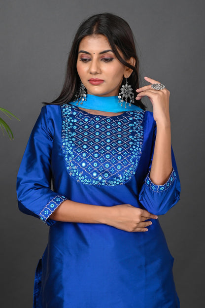 Women's Art Silk Kurta Pant Set with Chiffon Dupatta - Royal Blue