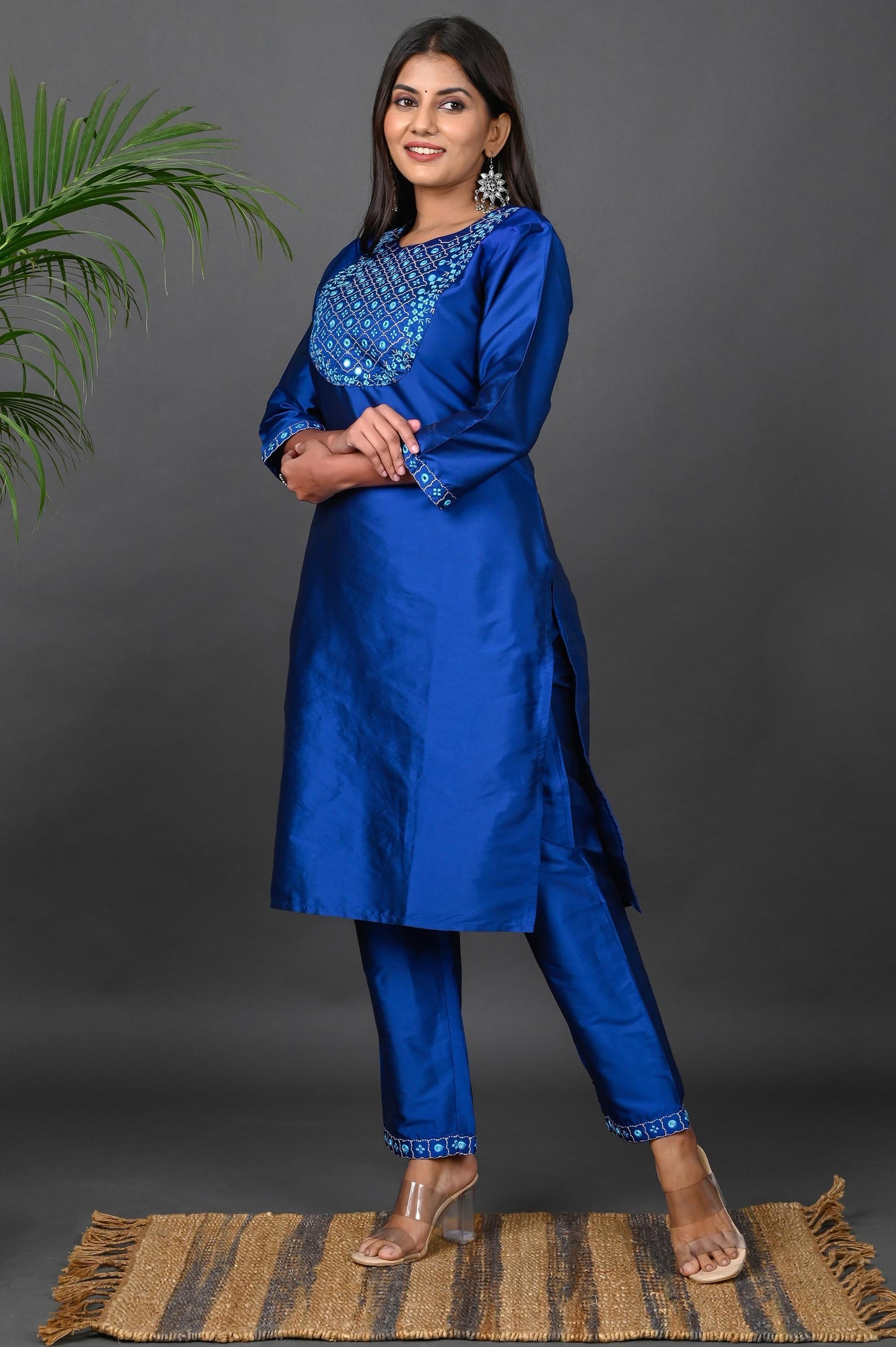 Women's Art Silk Kurta Pant Set with Chiffon Dupatta - Royal Blue
