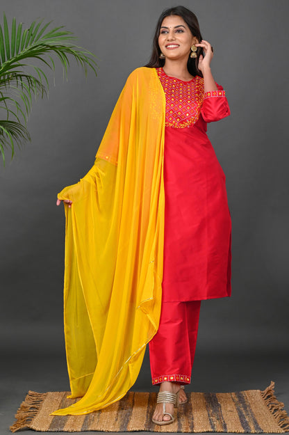 Women's Art Silk Kurta Pant Set with Chiffon Dupatta - Red