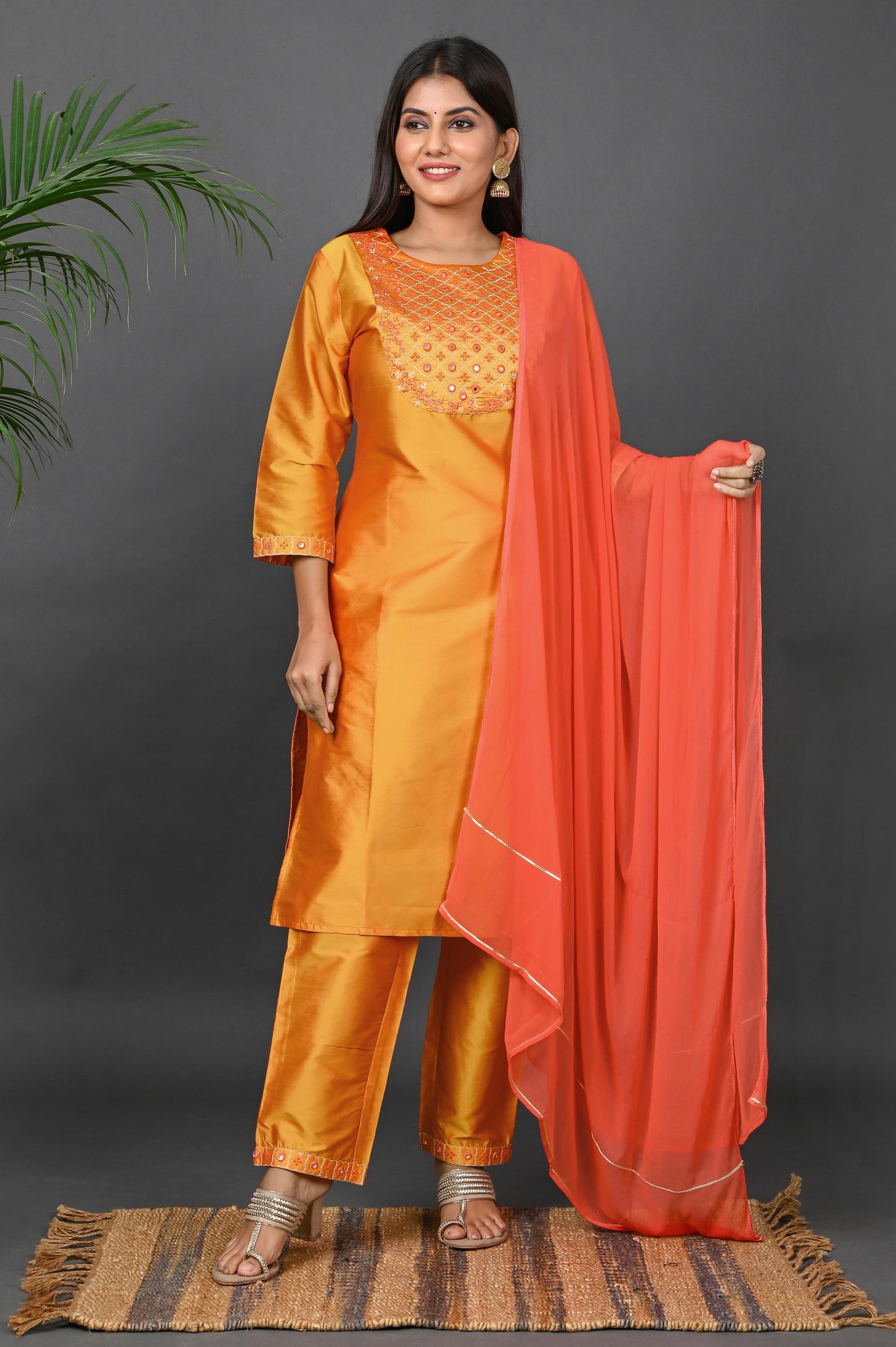 Women's Art Silk Kurta Pant Set with Chiffon Dupatta - Yellow