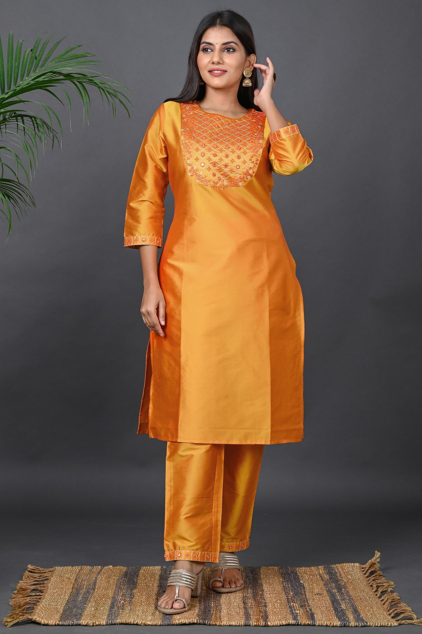 Women's Art Silk Kurta Pant Set with Chiffon Dupatta - Yellow