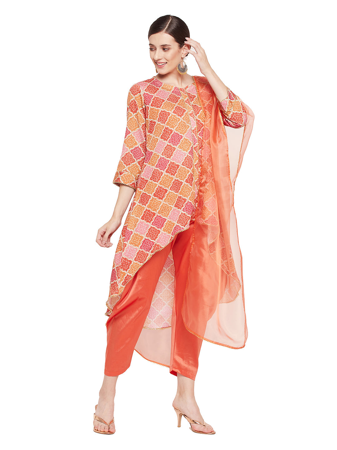 Women's Multicolor High Low Kurti and Dhoti Set with Dupatta