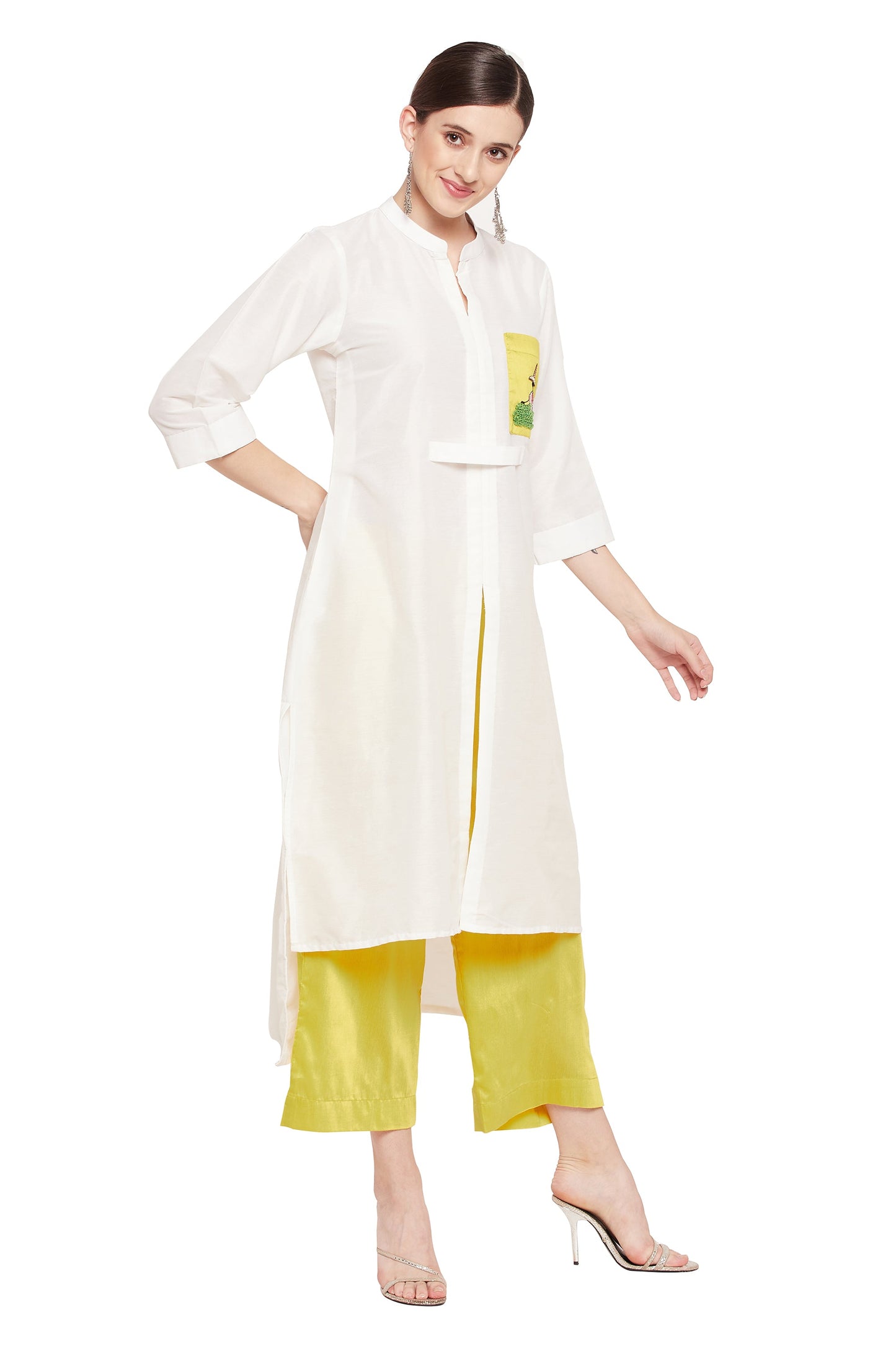 Women's Band collar and ¾ sleeves White & Yellow Kurta with Palazzo Set