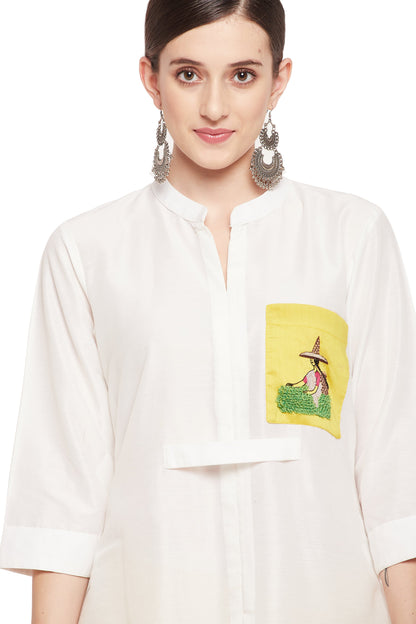 Women's Band collar and ¾ sleeves White & Yellow Kurta with Palazzo Set