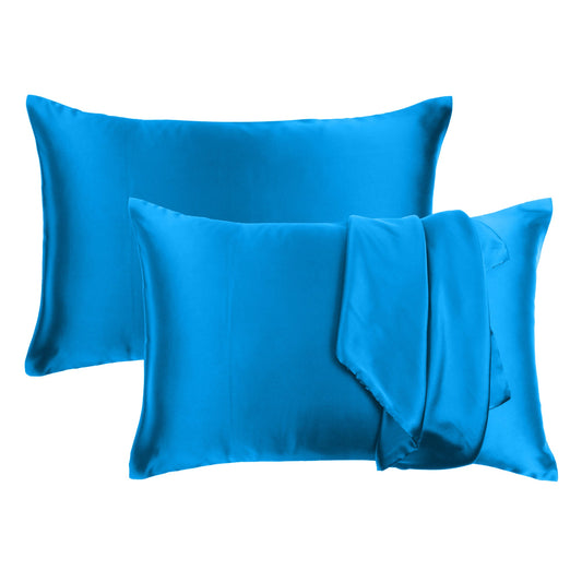 Luxury Soft Plain Satin Silk Pillowcases in Set of 2 - Blue Aster