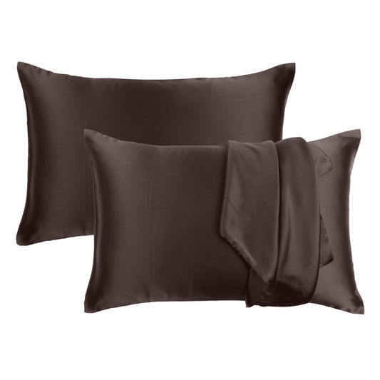 Luxury Soft Plain Satin Silk Pillowcases in Set of 2 - Brunette Brown