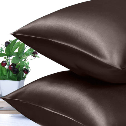 Luxury Soft Plain Satin Silk Pillowcases in Set of 2 - Brunette Brown