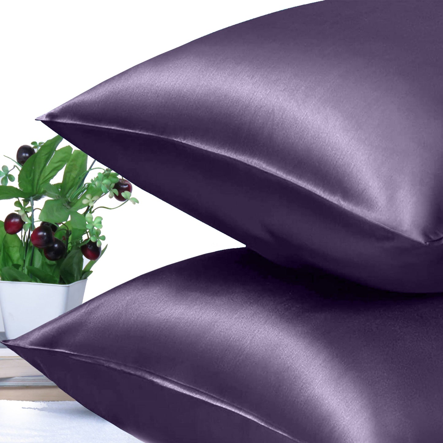 Luxury Soft Plain Satin Silk Pillowcases in Set of 2 - Bordeaux Purple