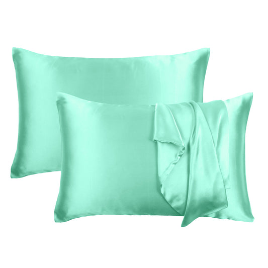 Luxury Soft Plain Satin Silk Pillowcases in Set of 2 - Bay Green