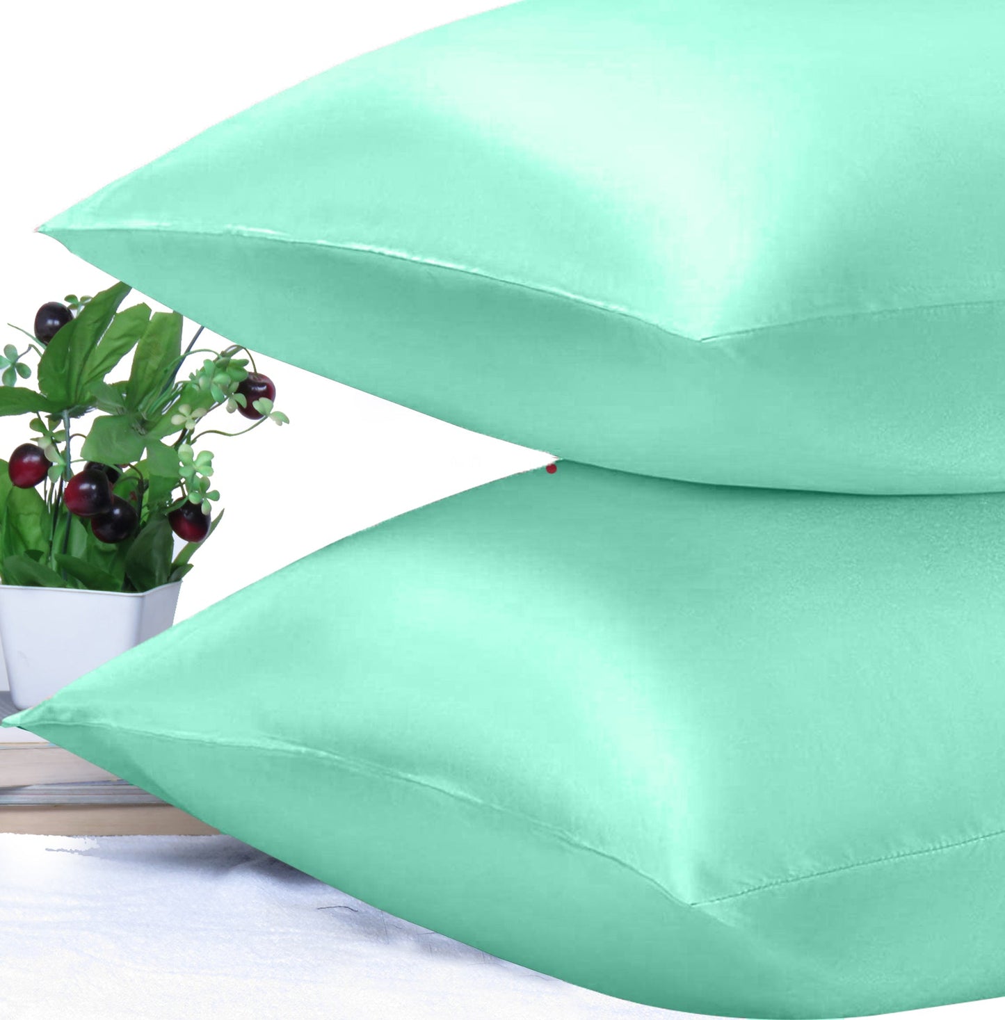 Luxury Soft Plain Satin Silk Pillowcases in Set of 2 - Bay Green