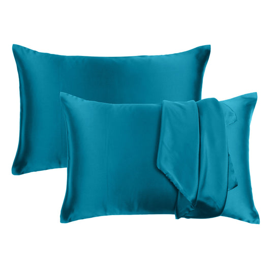 Luxury Soft Plain Satin Silk Pillowcases in Set of 2 - Corsair Blue