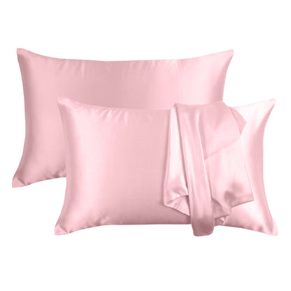 Luxury Soft Plain Satin Silk Pillowcases in Set of 2 - Crystal Rose